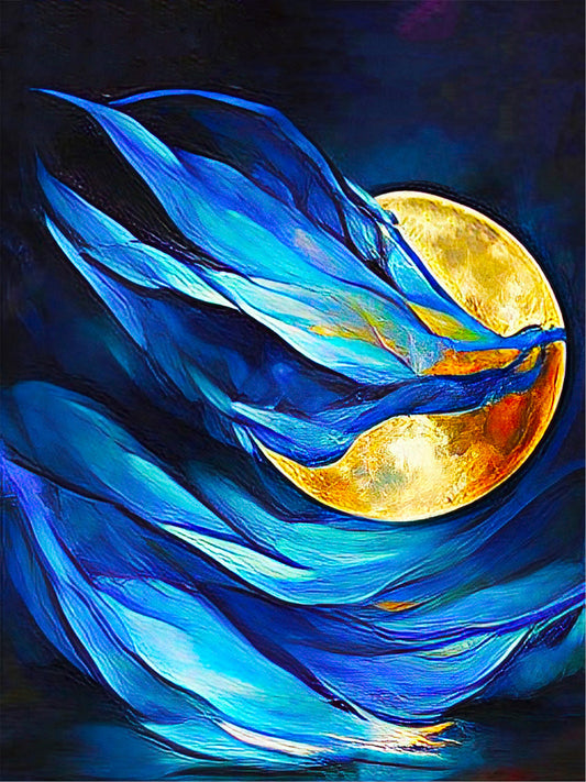 tableau clair de lune jaune caché par un voile bleu