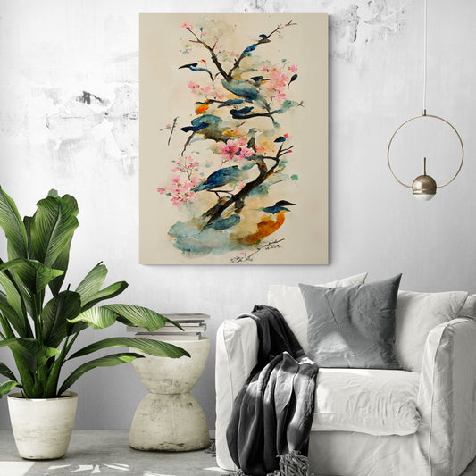 tableau d oiseaux est accroché dans un salon au ton blanc gris au-dessus d'un fauteuil blanc et d'une plante verte