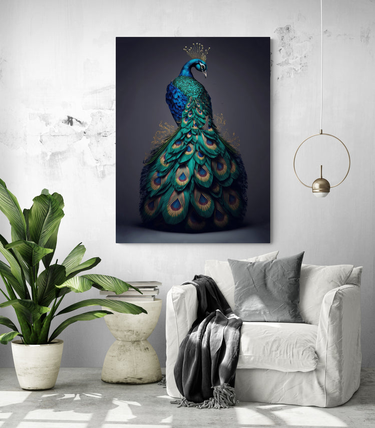 un magnifique tableau de décoration murale avec un majestueux paon bleu de dos on aperçoit ça longue queue en plumes