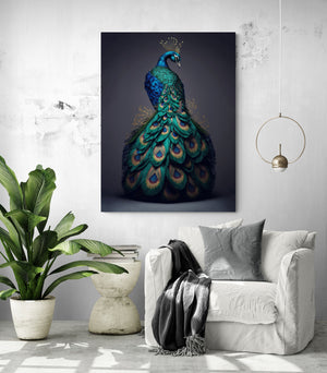 a stunning wall art featuring a majestic blue peafowl with a long tail