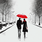 Tableau décoratif avec parapluie rouge symbolisant l'amour et l'espoir dans un paysage enneigé