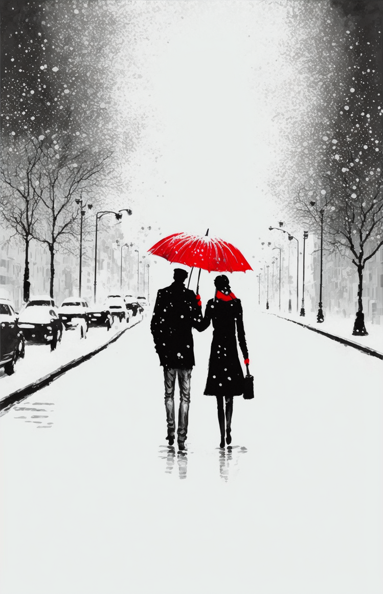 Tableau décoratif avec parapluie rouge symbolisant l'amour et l'espoir dans un paysage enneigé