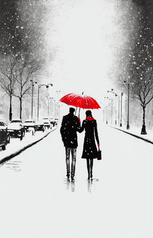 Decor art with red umbrella symbolizing love and hope in snowy landscape