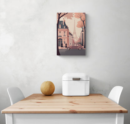 Un tableau deco vintage dans un style rétro des années cinquante aux couleurs pâles rose et gris est accroché au sur un mur blanc. Sur ce tableau de cuisine on peut apercevoir une ruelle et des bâtiments parisiens, en arrière-plan on peut voir la tour Eiffel. Il y a également une table et deux chaises blanches sous le tableau.