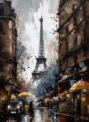 Paris artwork, bustling street, Eiffel Tower view