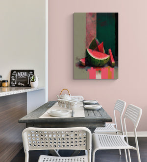 Tableau decoration représentant des tranches de pastèque. Aux lignes courbes et couleurs évoquent la fraîcheur de ce fruit juteux dans cuisine