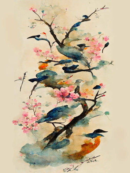 tableaux fleurs et oiseaux sur fond beige, peinture chinoise, printemps