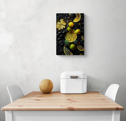 tableau citron jaune décore un mur de cuisine blanc. Ce tableau cuisine est placé au-dessus d'une table en bois blanc et deux chaises sont de chaque côté. Une boîte à pain en métal blanc et un melon sont sur la table