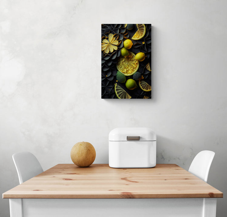 tableau citron jaune décore un mur de cuisine blanc. Ce tableau cuisine est placé au-dessus d'une table en bois blanc et deux chaises sont de chaque côté. Une boîte à pain en métal blanc et un melon sont sur la table