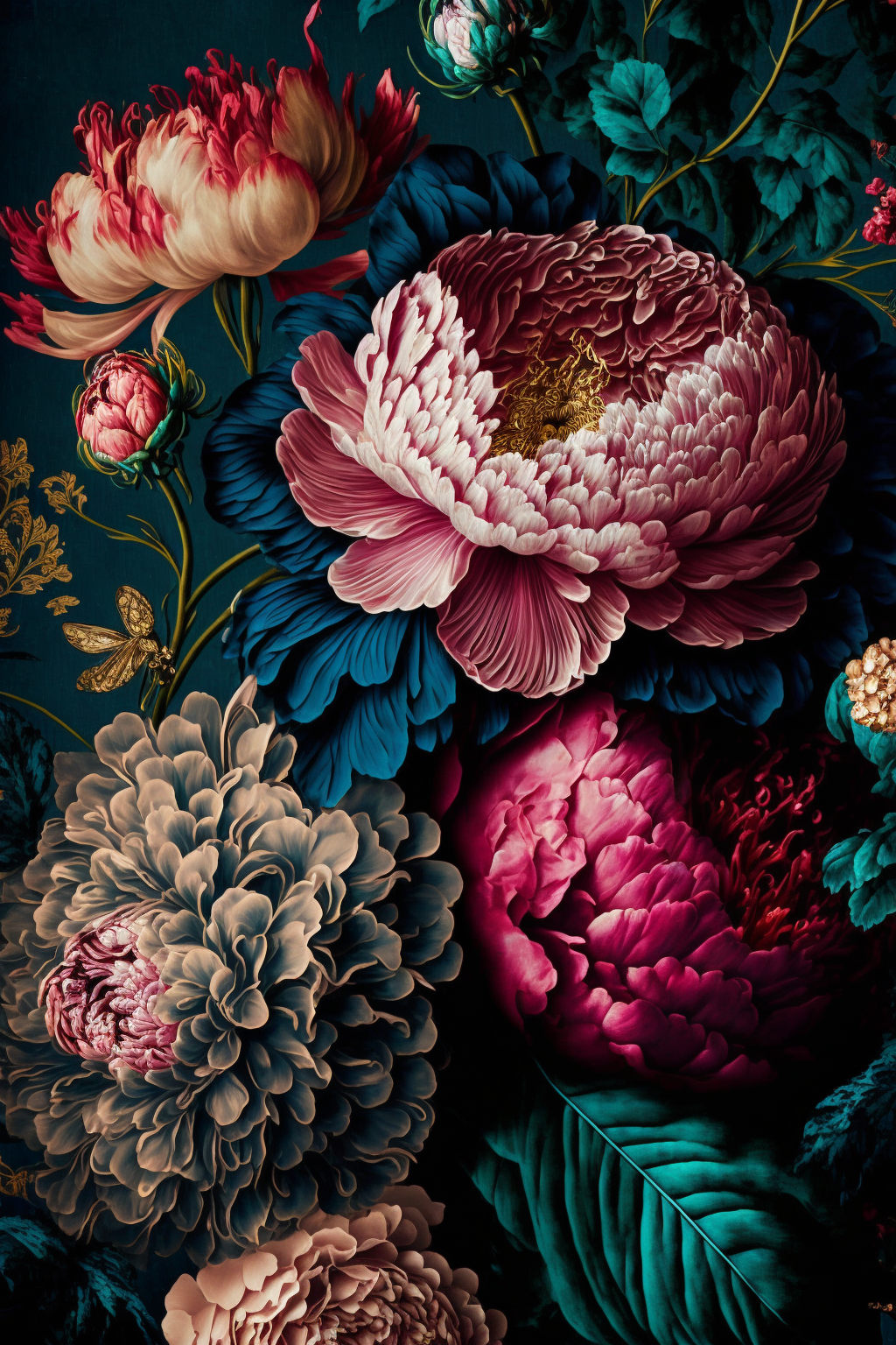 Grand tableau Pivoines baroques, éclat majestueux