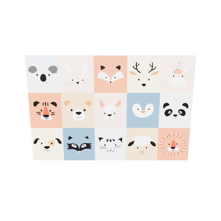 Tableau plexiglas animaux chambre bebe : Une grille de 15 animaux colorés, tous différents