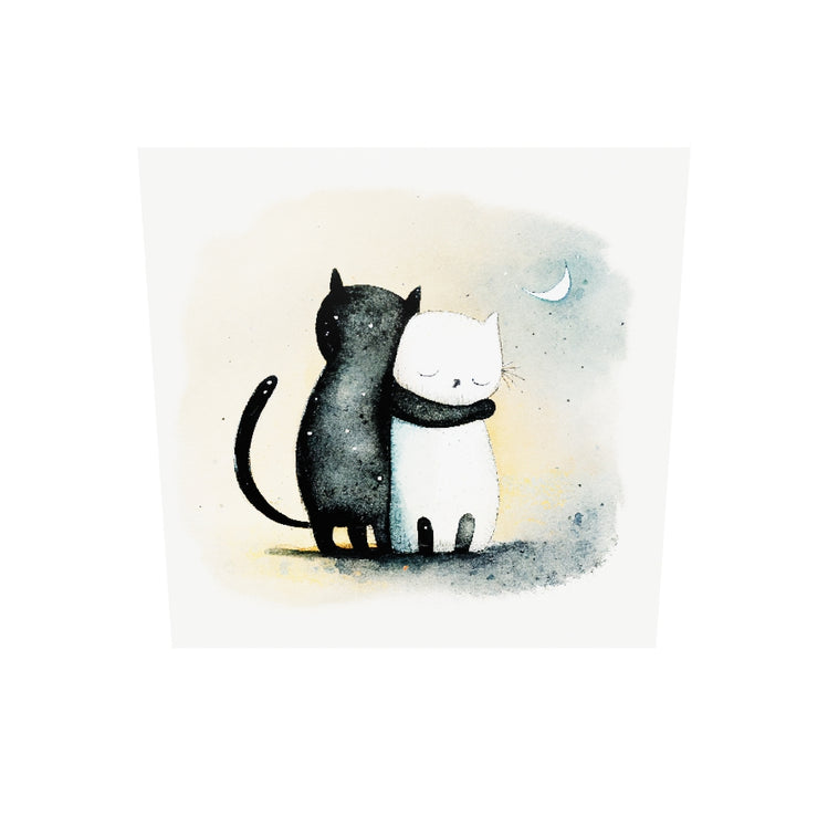 Tableau plexiglas calins de chat : deux chats adorables en train de se faire un câlin. Un chat noir et un chat blanc