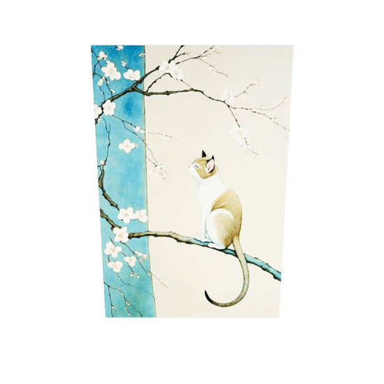 Tableau japonais, chat sur cerisier, fond bleu et beige