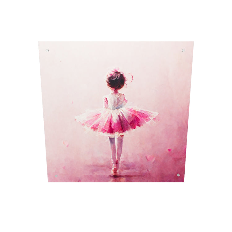 Tableau de déco en plexiglas de ballerine gracieuse vêtue de tutu rose sur pointes, exprimant son amour de la danse de manière élégante et expressive