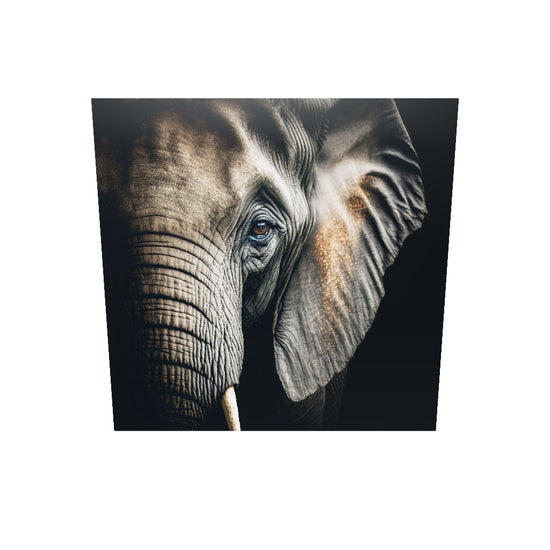 deco mural tableau, gros plan d'un visage d'éléphant sur un fond noir brillant, portrait grand angle