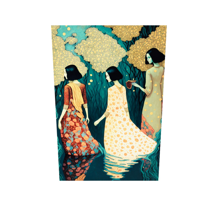 Tableau plexiglas représentant 3 femmes dans l’eau, élégantes se baignant sous la lune, symbolisant la pureté et la purification spirituelle