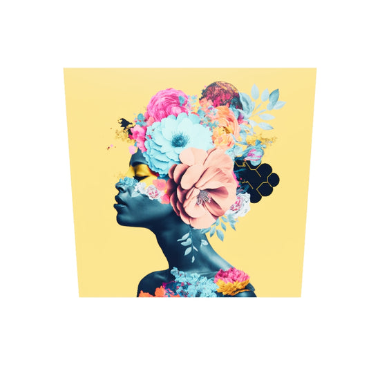 Tableau plexiglas avec femme fleurs dans les cheveux sur fond uni