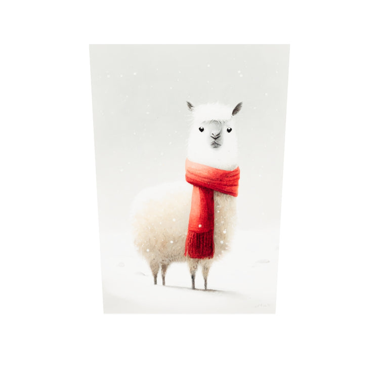 Tableau plexiglass d'un lama blanc d'alpaga dans un paysage enneigé avec une écharpe rouge pour une chambre d'enfant