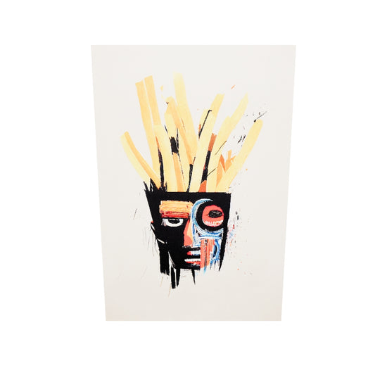 Inspiré de Basquiat, tableau plexiglas qui représente le visage d'un afro-américain avec des cheveux en frite. Minimalistes et colorées, ses couleurs sont vives et profondes. Les couleurs principales sont le jaune, le rouge, le noir et le beige