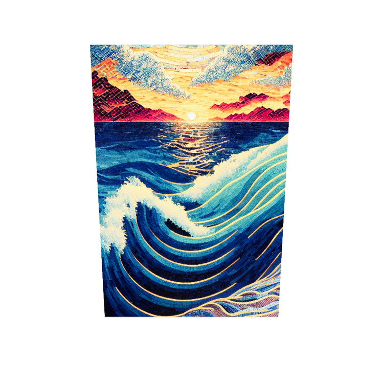 Tableau plexiglas des vagues de la mer en mouvement devant un couché du soleil
