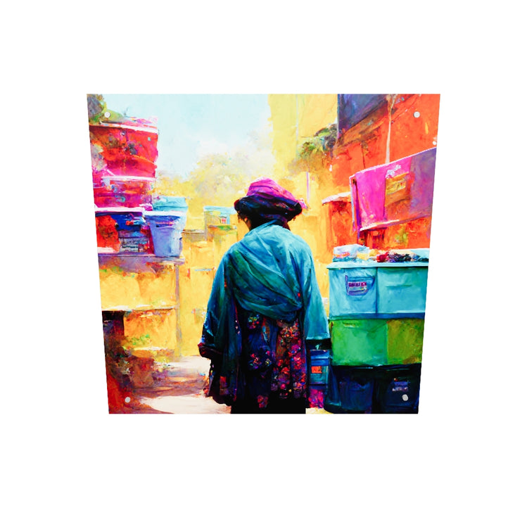 Tableau en plexiglas d'une ruelle colorée arpenté par une marchande seule dans un quartier pauvre