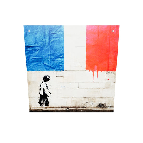 Banksy tableaux en plexiglas. Au travers de ses yeux innocents, une jeune fille découvre la souffrance française, inspiré par les œuvres de Banksy. La grandeur imposante du drapeau, qui dégage une force et une noblesse indéniables, rappelle à chacun l'espoir et le combat à mener avec détermination pour un monde meilleur et plus lumineux