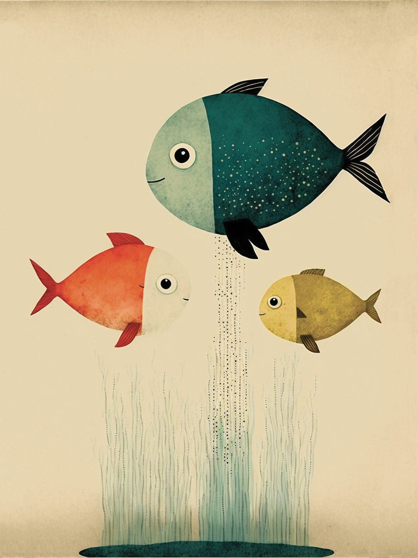 Tableau poisson enfants représentant trois poissons colorés, heureux dans un aquarium