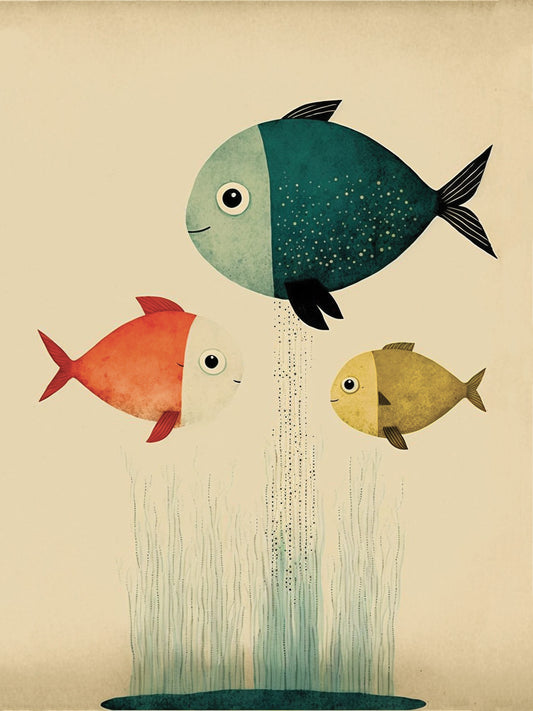 Tableau poisson enfants représentant trois poissons colorés, heureux dans un aquarium
