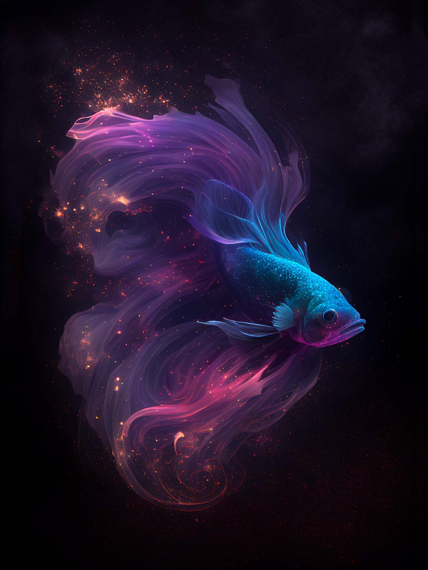Tableau poisson combattant, reflets irisés, univers étoilé, sérénité, poésie.