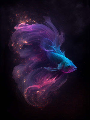 Fighting fish painting, iridescent reflections, starry universe, serenity, poetry.