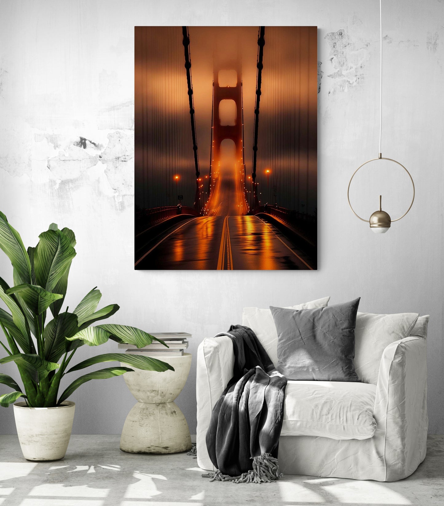 tableau salon Golden Gate Bridge, brouillard, mystère, nuit.
