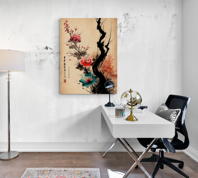 tableau cerisier, art de la calligraphie japonais, fleurs, peinture à l'encre, stylisé