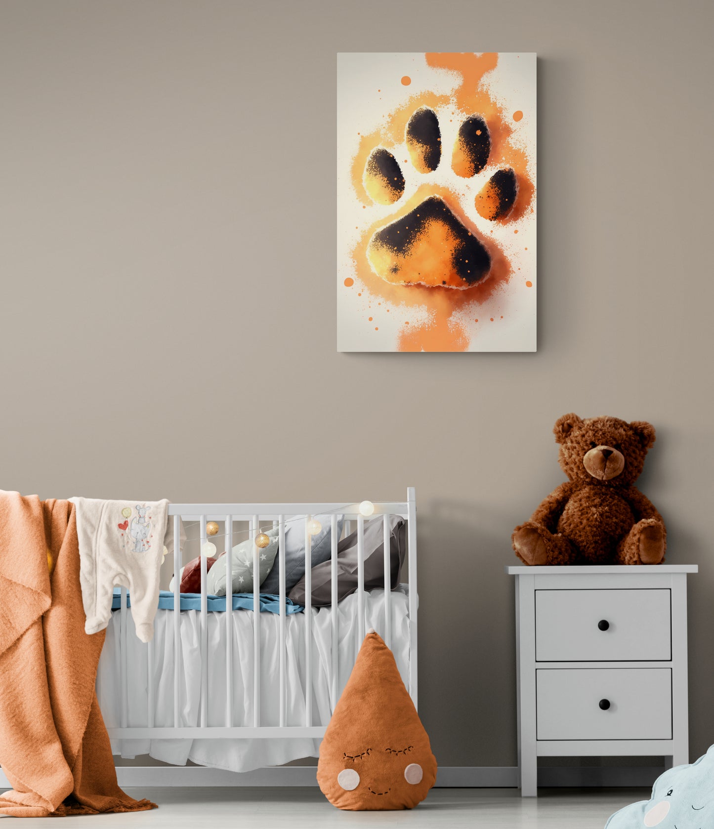 tableau chambre bébé patte de chien mignon, aquarelle, palette orange