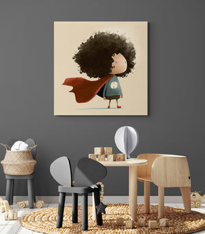 Canvas in a little boy's room, a child superhero with a red cape