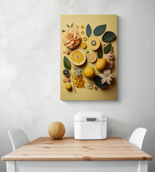 Un tableau jaune est accroché sur un mur blanc. C’est une photo de citron et de fleurs disposé sur un fond jaune. Le tableau cuisine est placé au-dessus d'une table à manger blanche, deux chaises sont de chaque côté de la table. Une boîte à pain en métal blanc et un melon sont sur la table