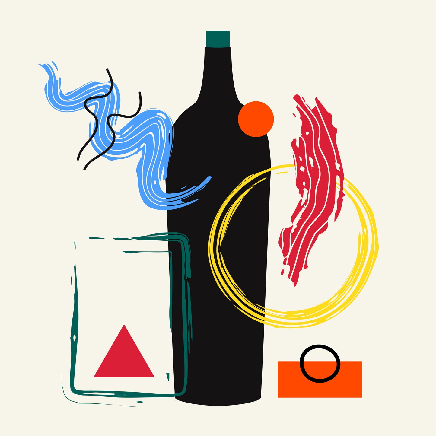 Tableau modernes apéro avec une bouteille de vin noir et des formes géométriques colorées