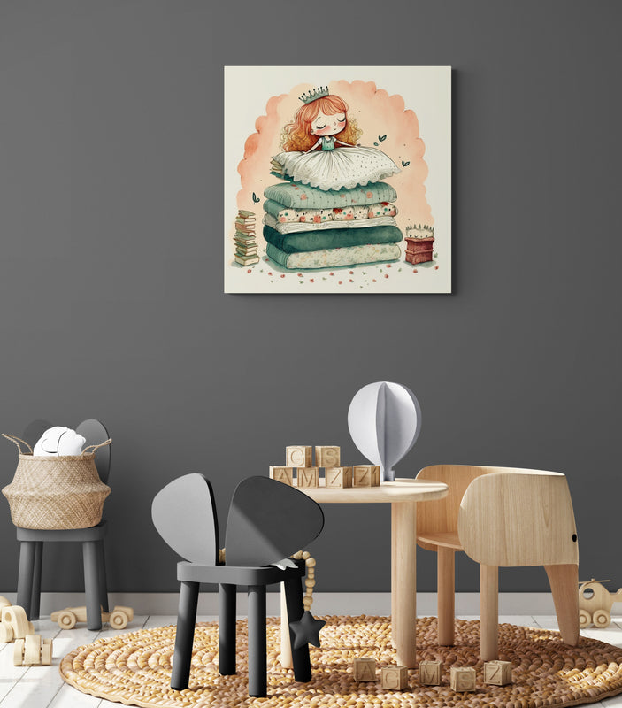 tableau chambre enfant avec une illustration inspirée du "conte la princesse au petit pois"