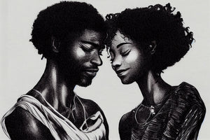 Wall art of a Black couple's romantic encounter