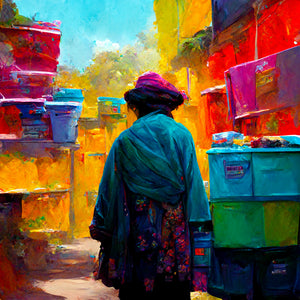 Colorful alleyway canvas painting. A vendor strolls alone through the alleys of a poor neighborhood