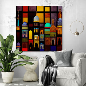 Large Arabic Artwork in the living room. A vibrant city of warm-colored houses with intricate patterns and mosaic facades reflecting sunlight. Inspired by stained glass and Middle Eastern alleys. Proud minarets highlight ancient culture and history.