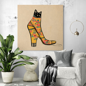 Large cat canvas in a living room, a mischievous black cat hidden inside a floral-patterned shoe. Blend of minimalism, Japanese style, and retro touch. The surprised expression of the cat, with only its eyes peeking out, adds a comedic dimension to the artwork.
