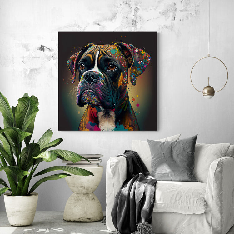 Tableau decoratif chien boxer en pop art, peinture multicolore pour salon