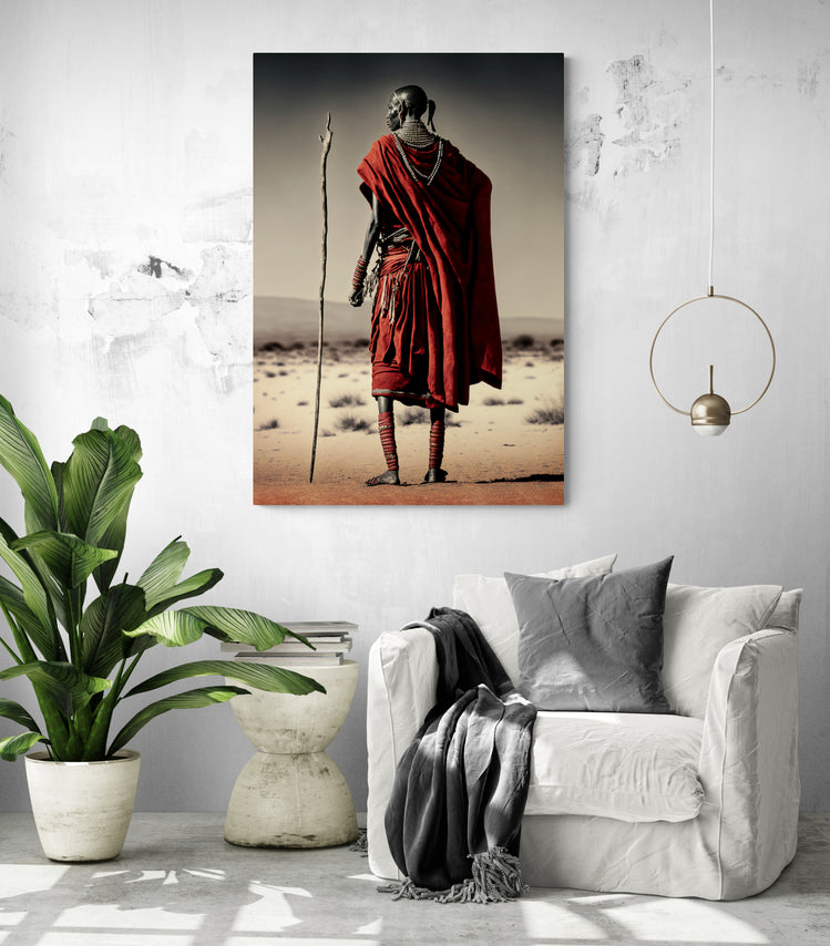 tableau moderne pour salon guerrier Maasai debout avec un long bâton, dans le désert