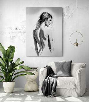 Back view woman art, sensual, minimalist, charcoal.