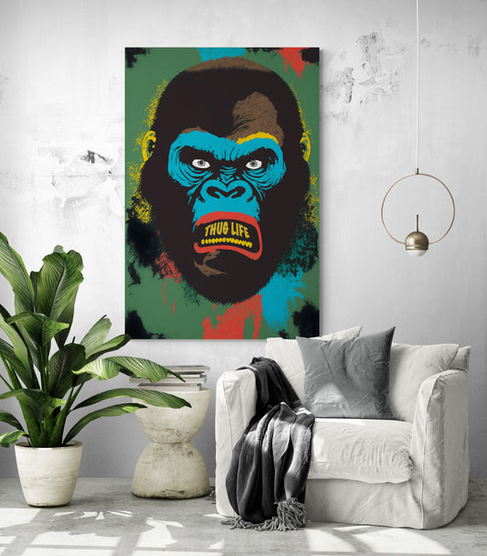 Tableau deco salon gorille gangster street art, peint aux couleurs primaires