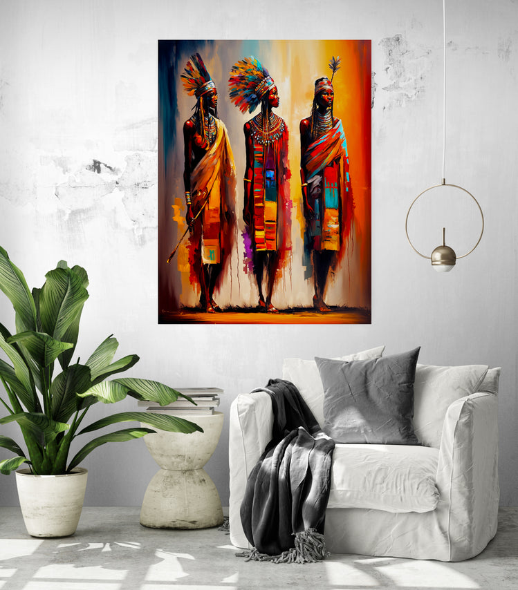 tableau vertical coloré, guerrières africaine couleurs chaudes et lumineuses