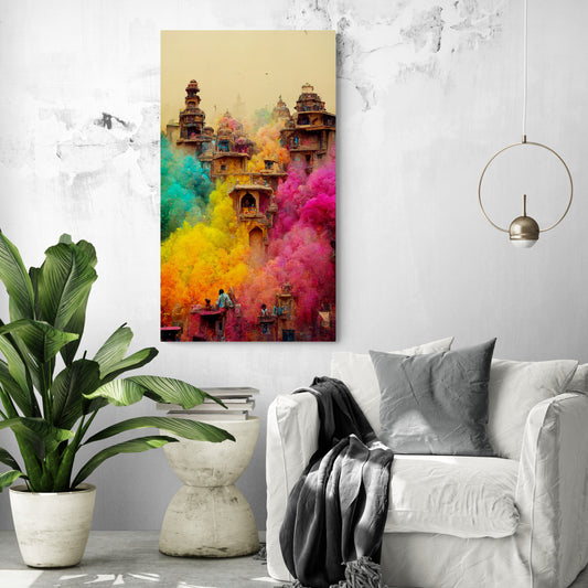 Grande toile imprimée dans un salon de Holi, une fête indienne. Une ville d'Inde s'anime sous un nuage de pigments aux couleurs vives, de poussières et de fumée, créant un décor féerique digne d'un conte de fées. Ici trois couleurs principales sont à l'honneur, le jaune, le rose et le bleu turquoise