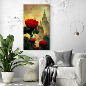 Large canvas painting of a magical city surrounded by red roses. Rounded skyscrapers with rooftop gardens, large rose bushes growing throughout. The atmosphere is magical and serene as the yellow sky reflects the inhabitants' emotions. In the foreground, a striking red rose, reigning over this fairy-like universe with its beautiful stem and shape.