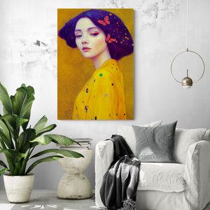Large decorative canvas in a living room, Amidst radiant yellow, portrait of a young woman with a gentle gaze who stands proudly. Her face, pure and fresh, reflects the purity of her soul. She wears a jacket with shimmering patterns, akin to the colorful wings of butterflies adorning her brown hair. Her gaze, full of wisdom, rests on a world that cannot reach her. Inspired by Gustav Klimt's art, she embodies grace and elegance.