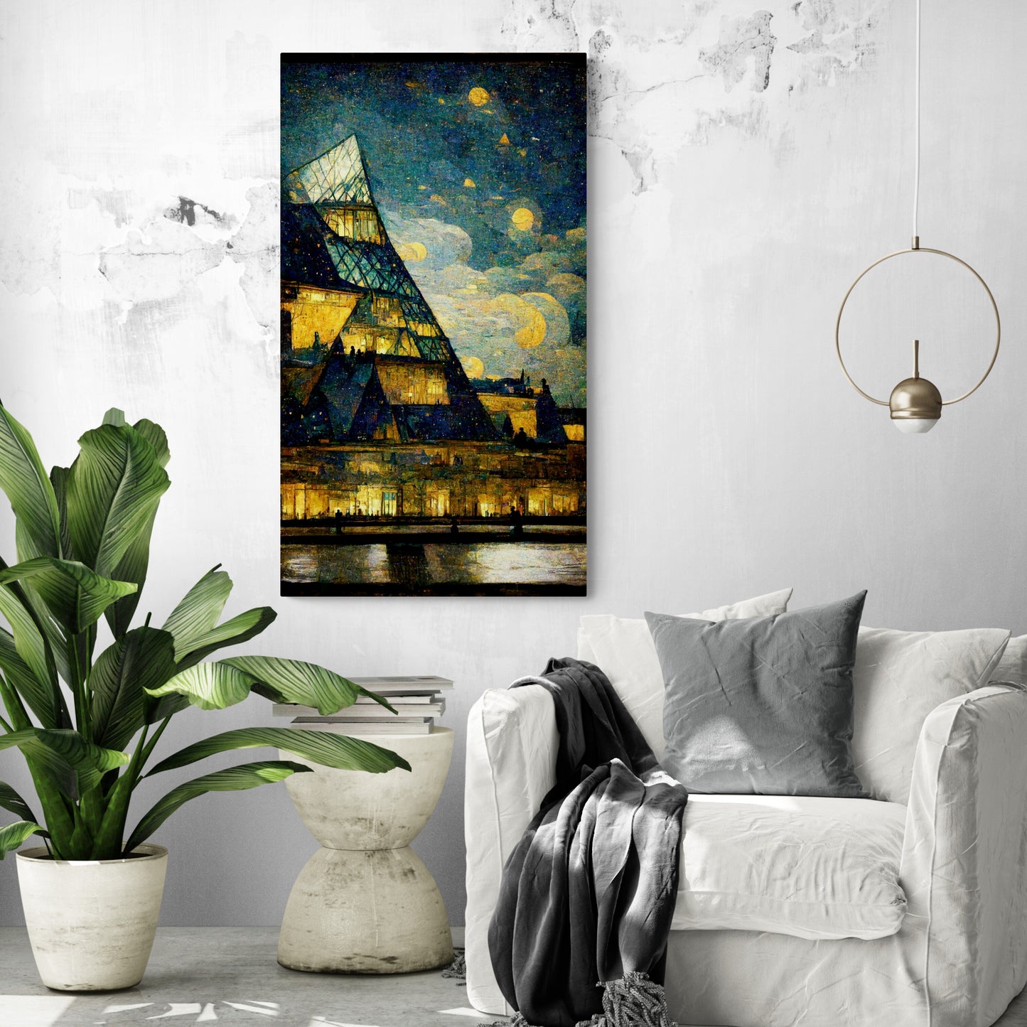 Un grand et beau tableau dans un salon, le Louvre selon Van Gogh. La vision idyllique de l'avenir, où l'art et la culture peuvent être intégrés de manière harmonieuse à la vie quotidienne des gens. Le musée du Louvre s'élève fièrement, transfiguré en un immeuble scintillant, illuminé par les lumières chaleureuses de ses habitants